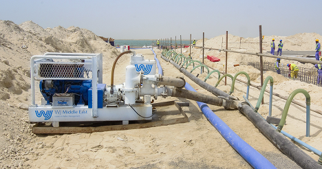 Comprehensive Dewatering Solutions - Heavy-duty industrial pipeline installation equipment at a construction site in Middle East, focusing on Wellpoint dewatering projects by WJ Middle East.