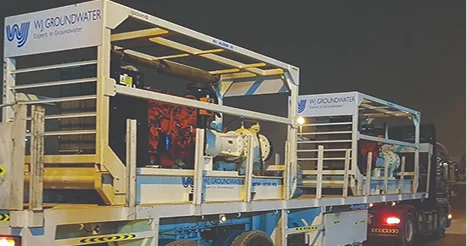 High-capacity water treatment modules on a truck for emergency pumping, showcasing WJ Middle East’s water solutions and equipment.