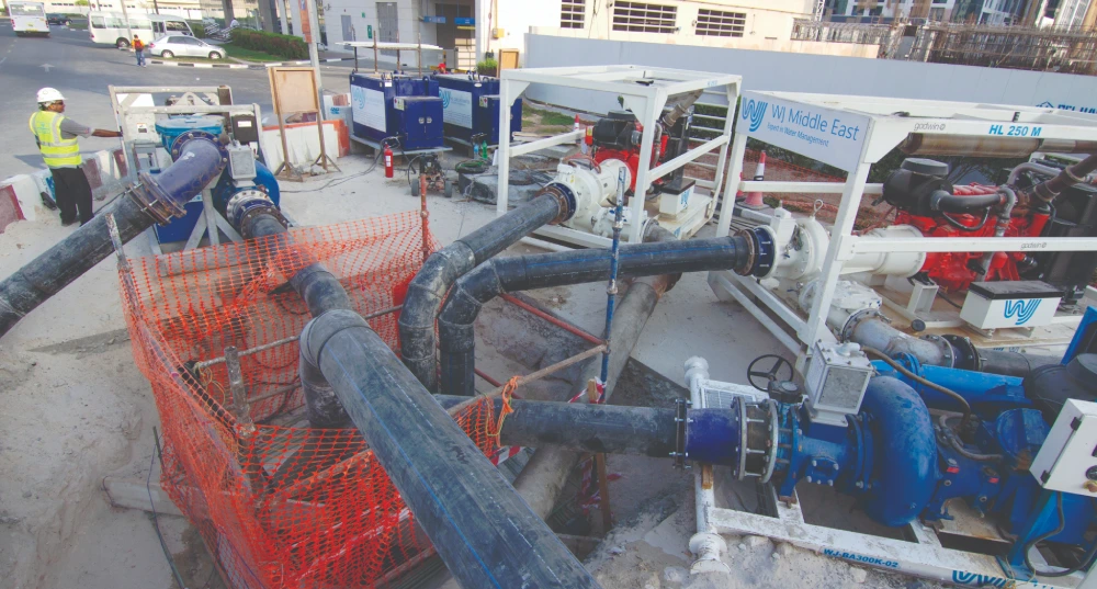 High-capacity industrial water pumps and pipeline systems at WJ Middle East construction site for infrastructure projects.